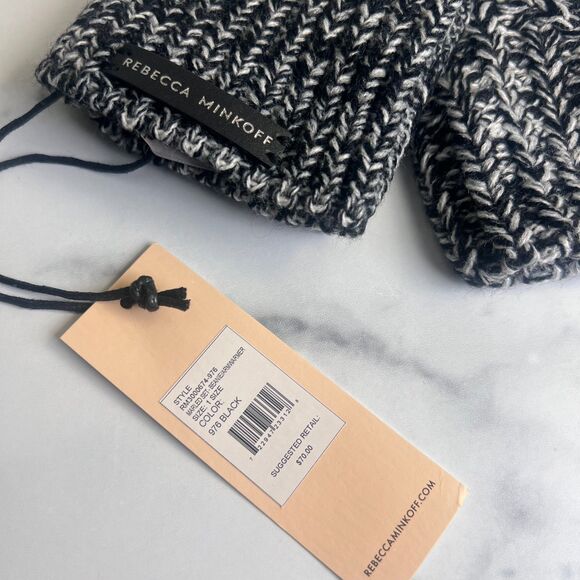 Rebecca Minkoff Marled Pom Pom Beanie Hat & Arm Warmers Set Open Fingers NWT - Picture 2 of 4